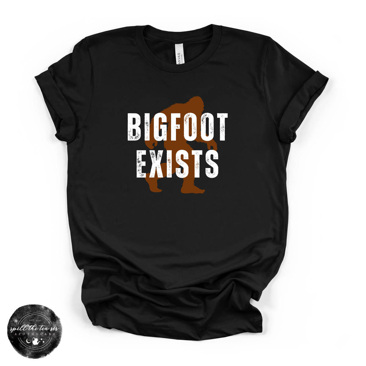 Bigfoot Exists Tee | Funny Cryptid Graphic T-Shirt (WHITE DESIGN)