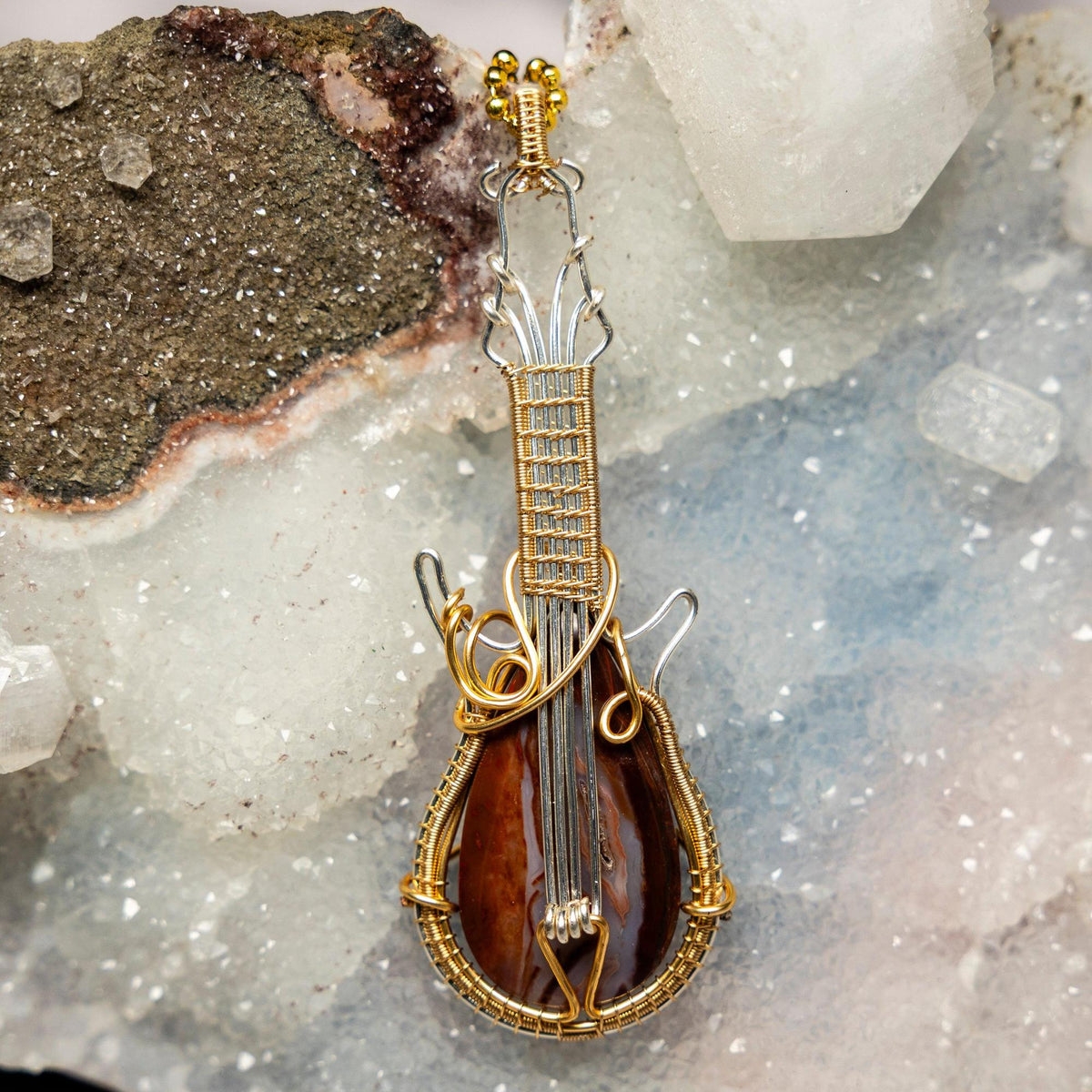 Agate Crystal Wire Wrapped Guitar Pendant in Copper 3.5"