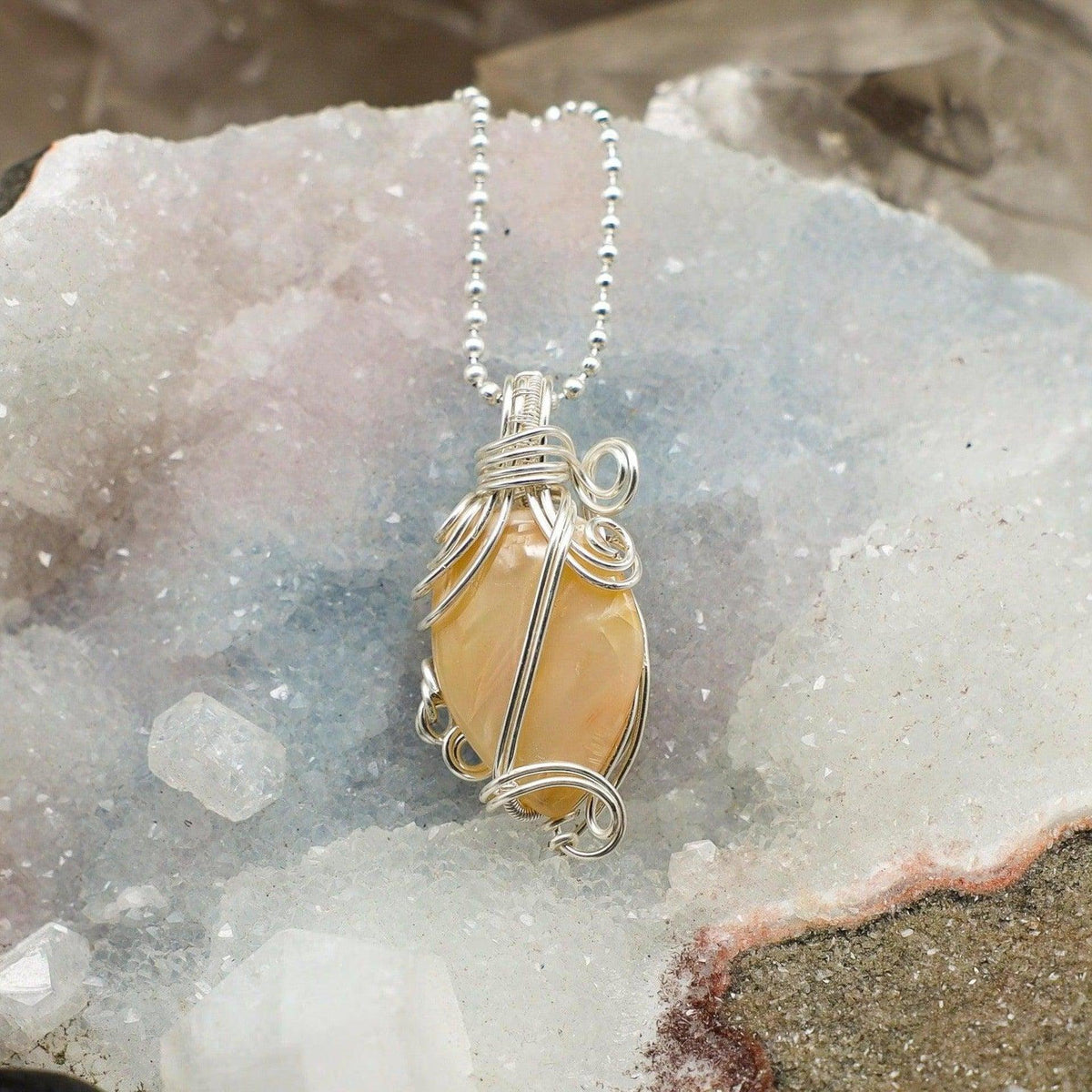 Agate Crystal Wire Wrapped Oval Pendant 1.75"