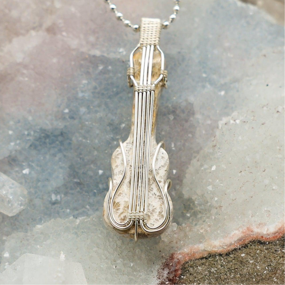 Agatized Coral Crystal Violin Wire Wrap Pendant Copper