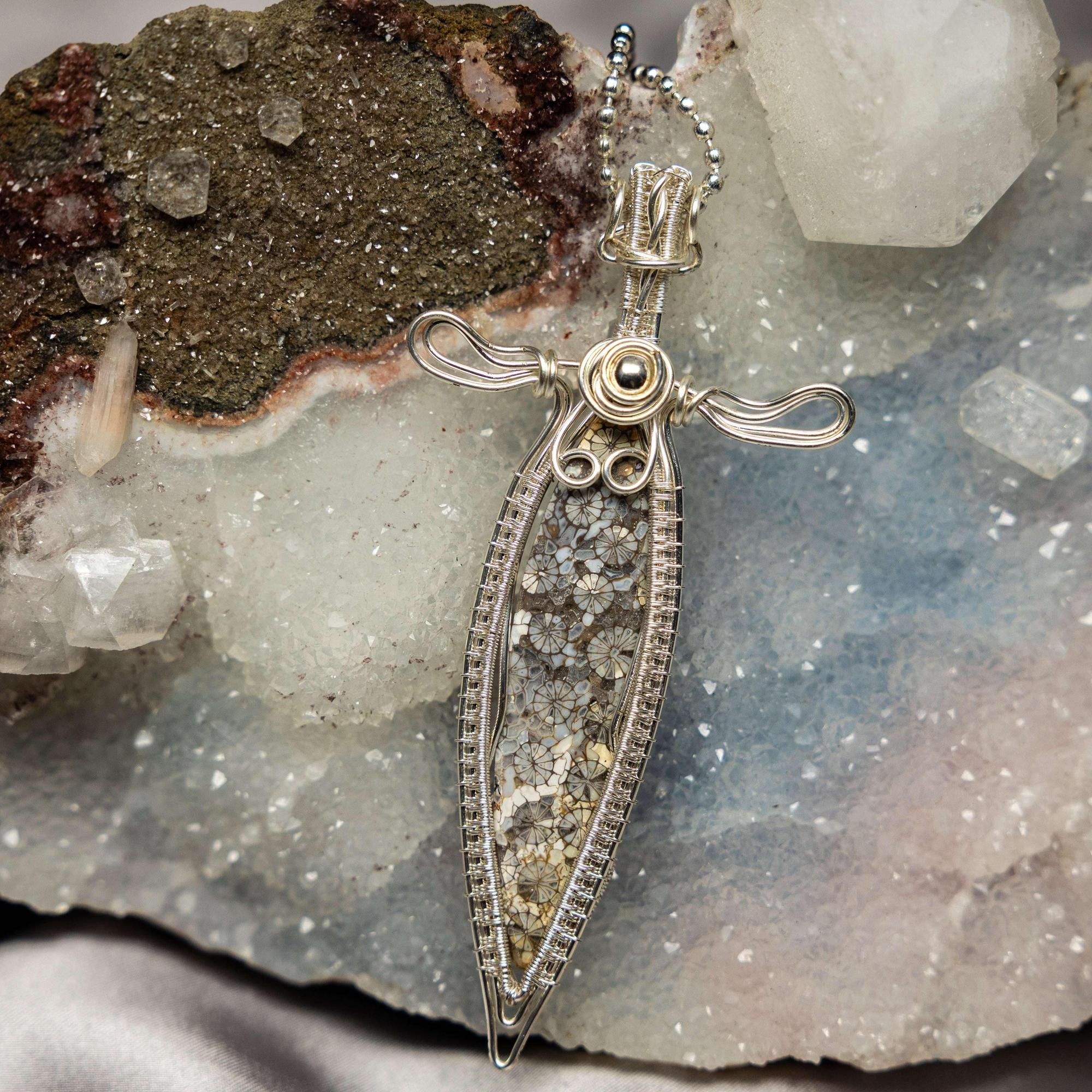 Agatized Coral Crystal Wire Wrap Pendant Copper Fossil