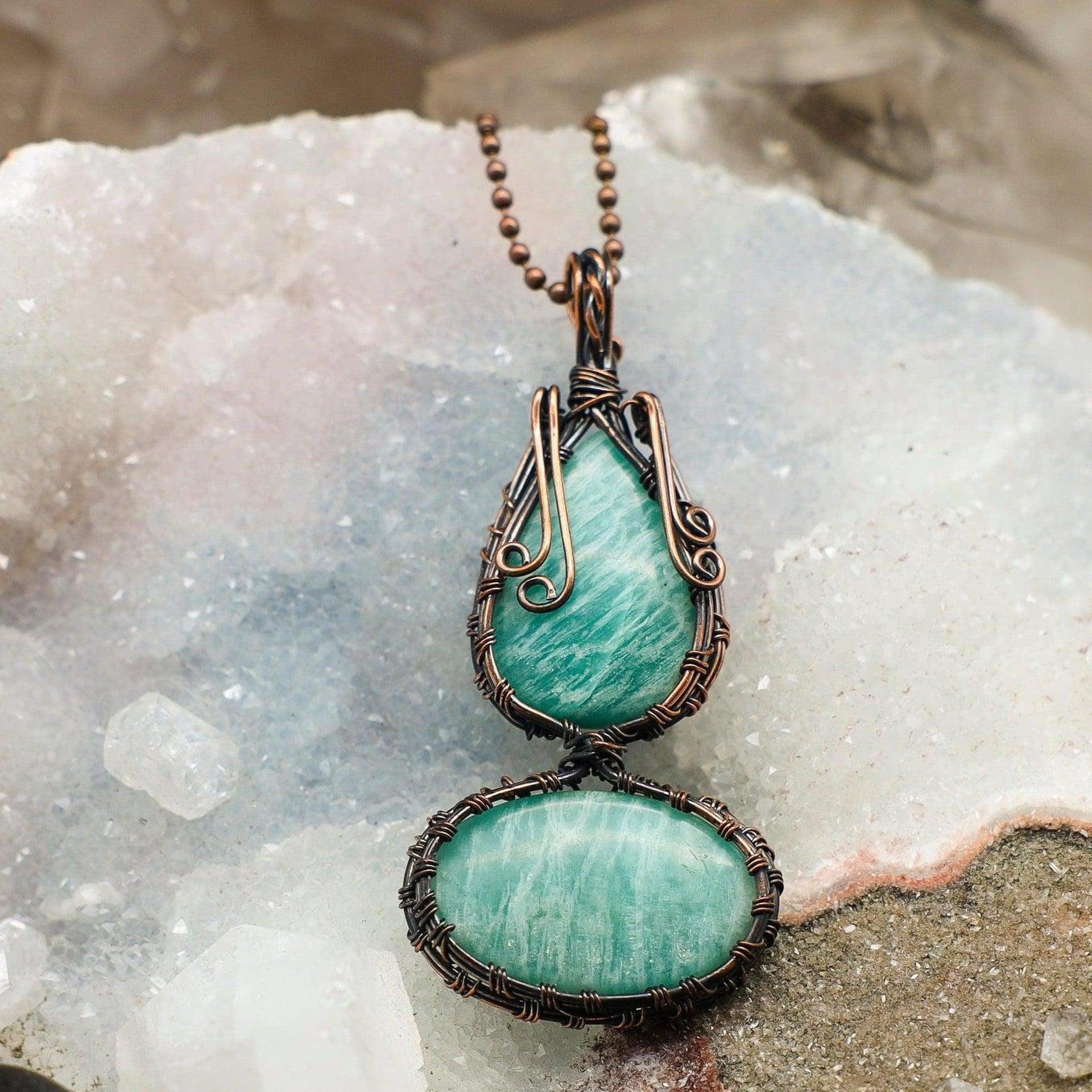 Amazonite Crystal Wire Wrap Pendant Copper Dual Stone