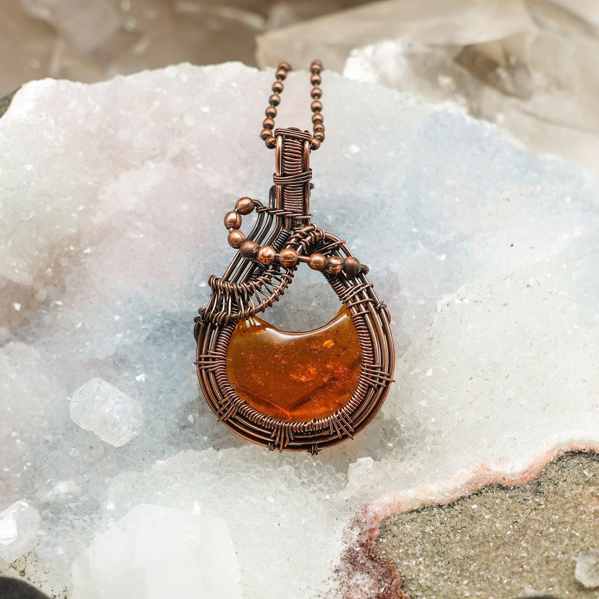 Baltic Amber Crystal Wire Wrapped Pendant in Copper