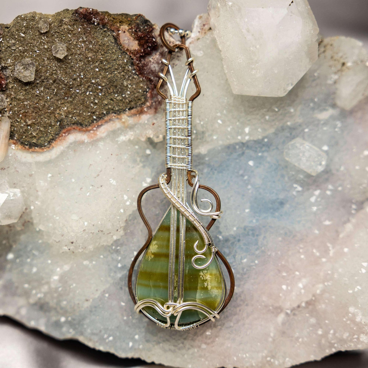 Banded Calcite Guitar Wire Wrap Pendant