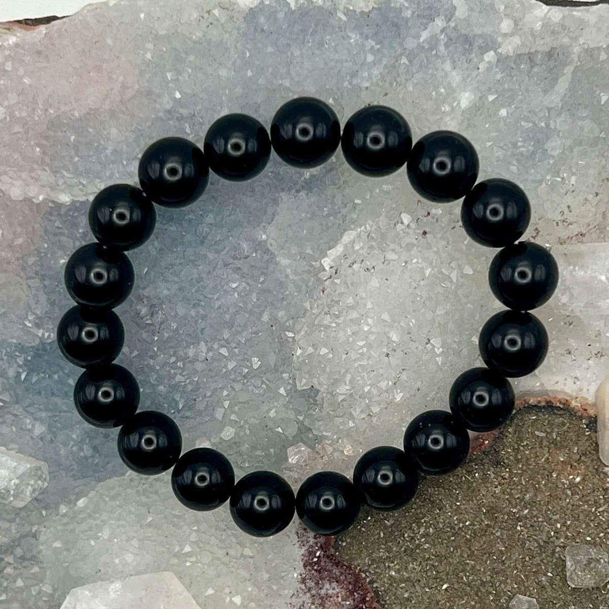 Black Agate Crystal Beaded Bracelet, Grounding Stone