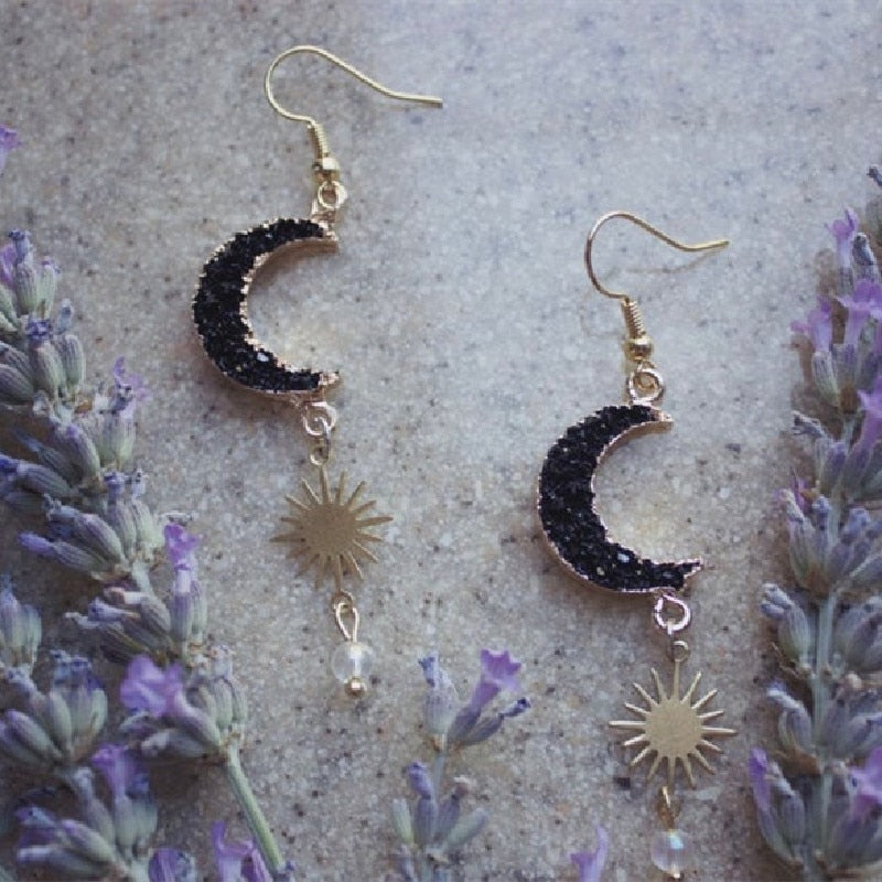 Druzy Crescent Moon Sun Earrings