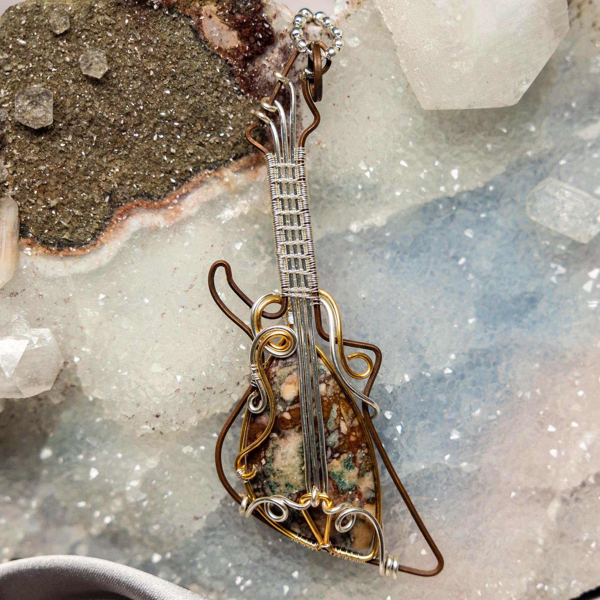 Brecciated Jasper Crystal Wire Wrap Pendant Copper Guitar