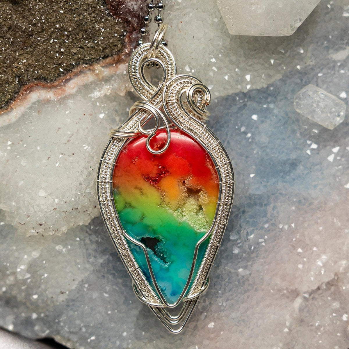 Chakra Agate Wire Wrap Pendant 3 Inch