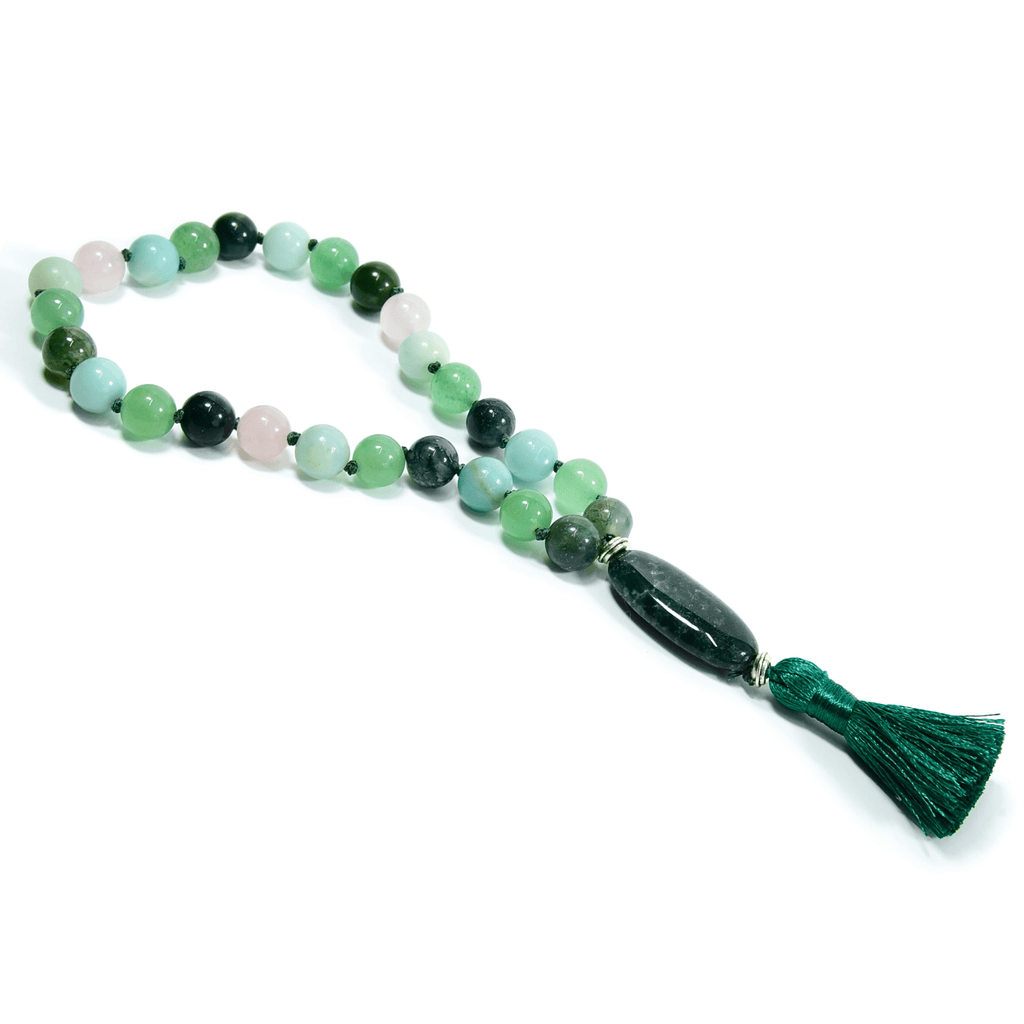 Heart Chakra Meditation Mala – 27 Beads of Rose Quartz & Moss Agate