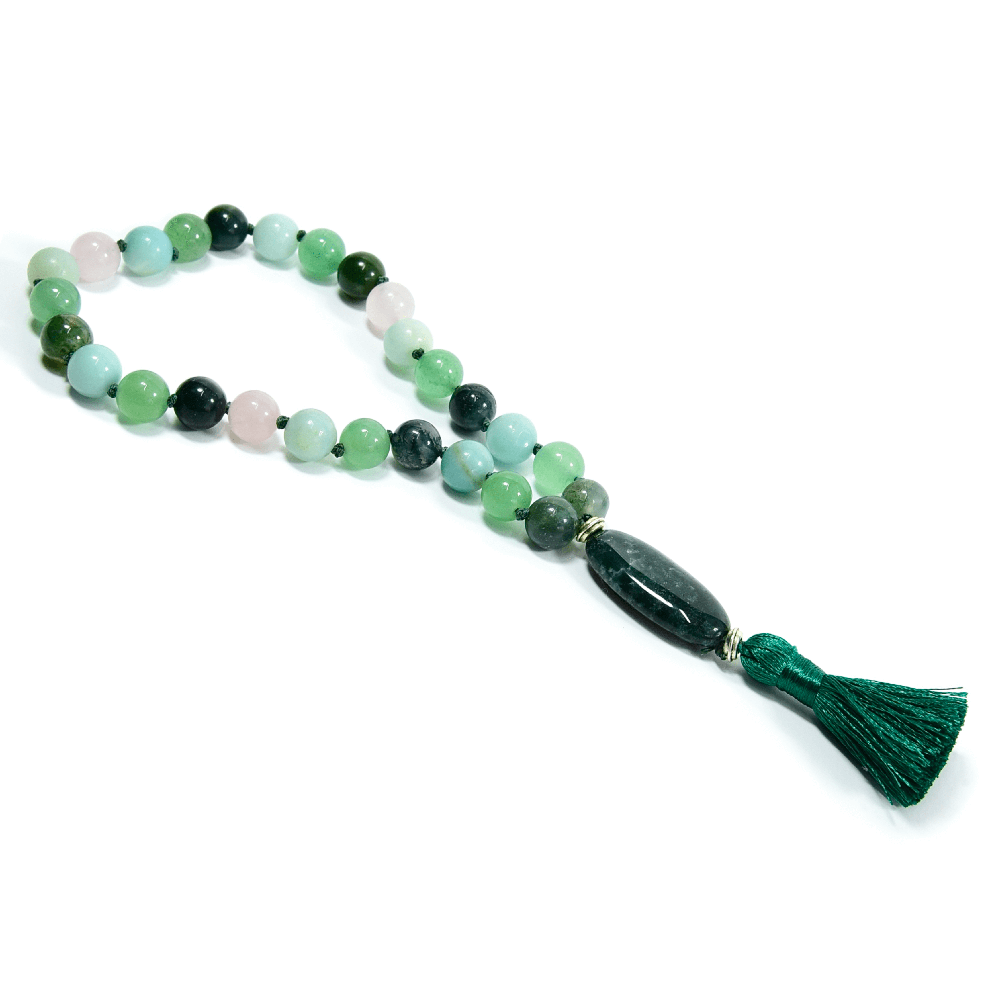 Heart Chakra Meditation Mala – 27 Beads of Rose Quartz & Moss Agate