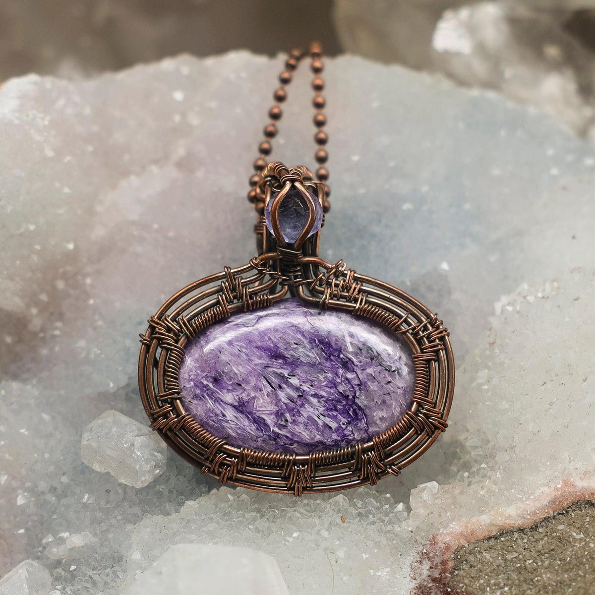 Charoite Copper Wire Wrapped Teardrop Pendant 2"