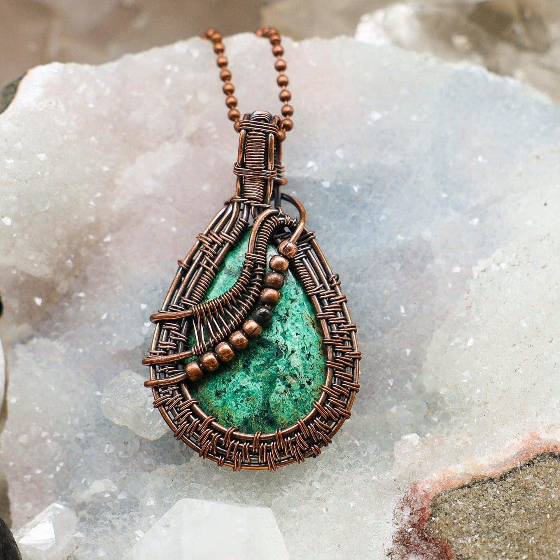 Chrysocolla Crystal Teardrop Copper Wire Wrap Pendant