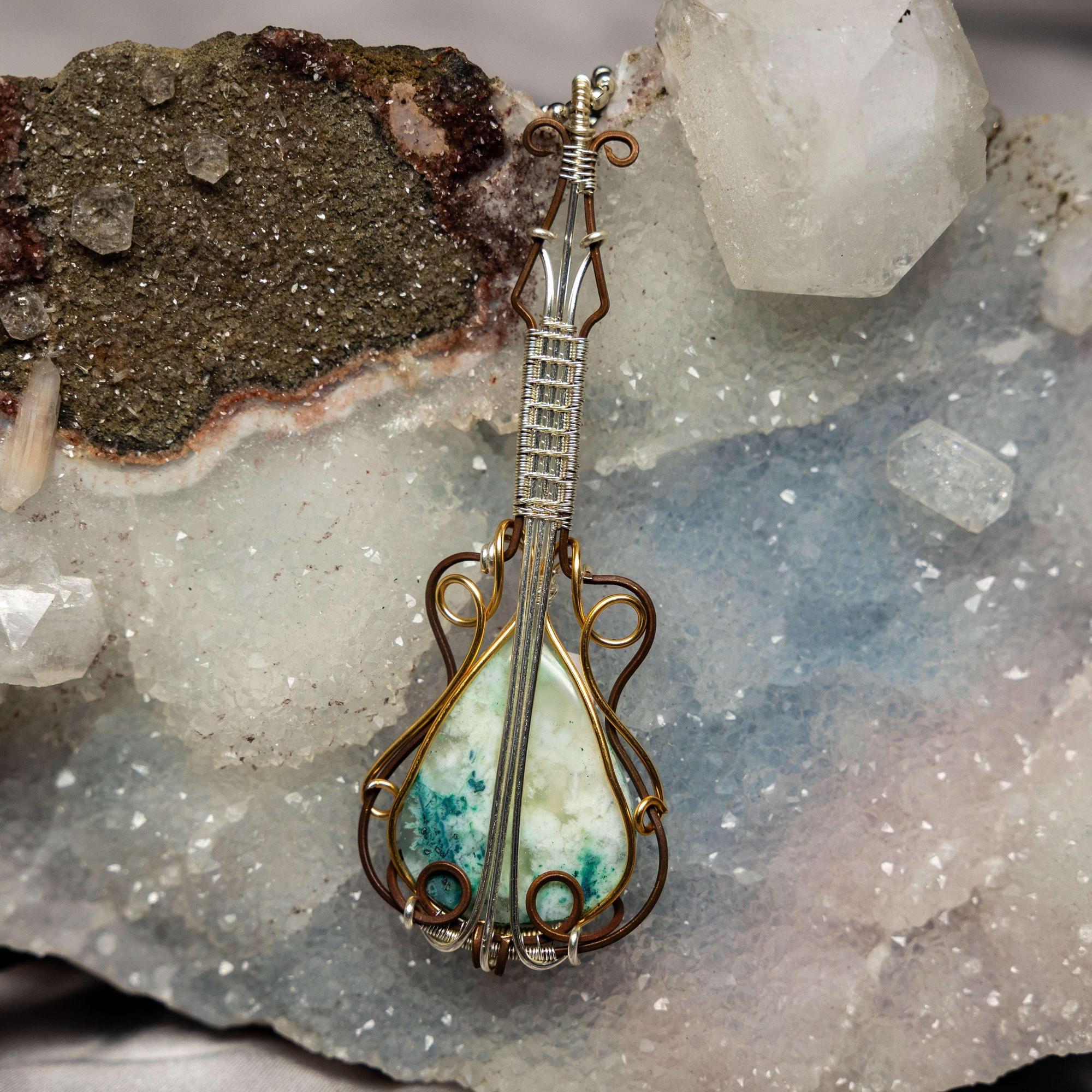 Chrysocolla in Quartz Crystal Guitar Wire Wrap Pendant