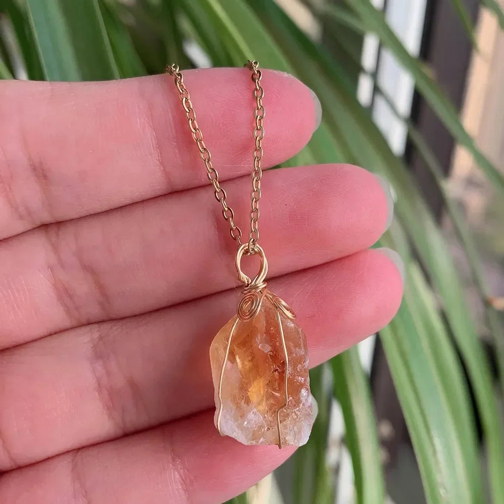Raw Crystal Wire Wrap Gold Necklaces