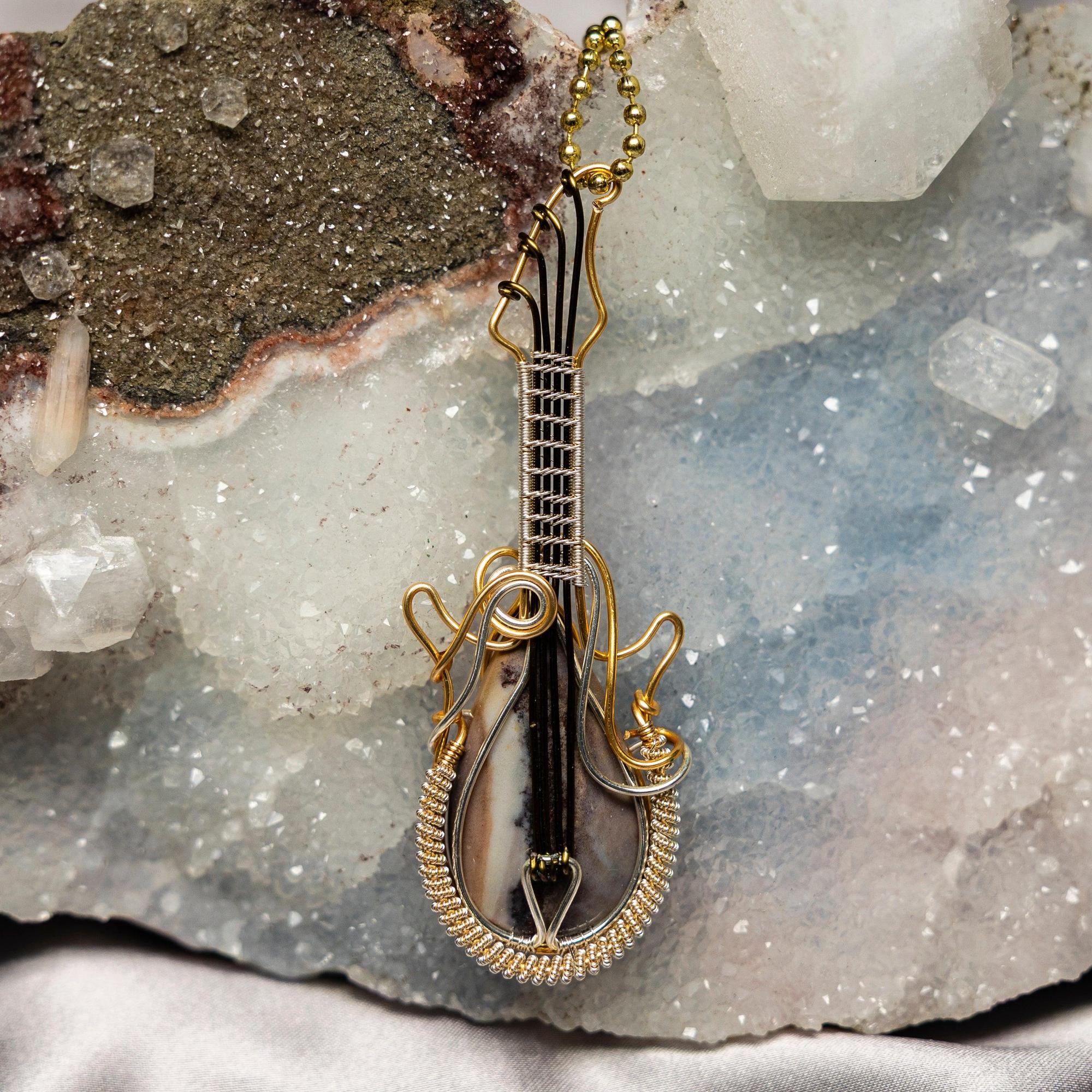 Dendritic Agate Copper Wire Wrapped Guitar Pendant 3.25"