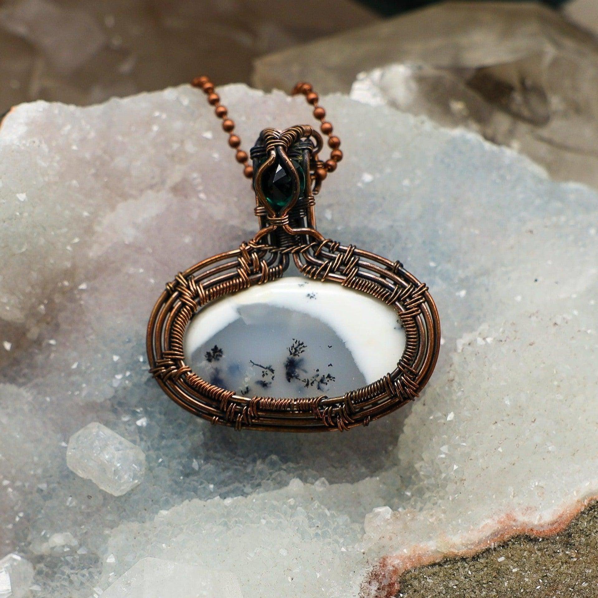 Dendritic Agate Crystal Oval Copper Wire Wrap Pendant