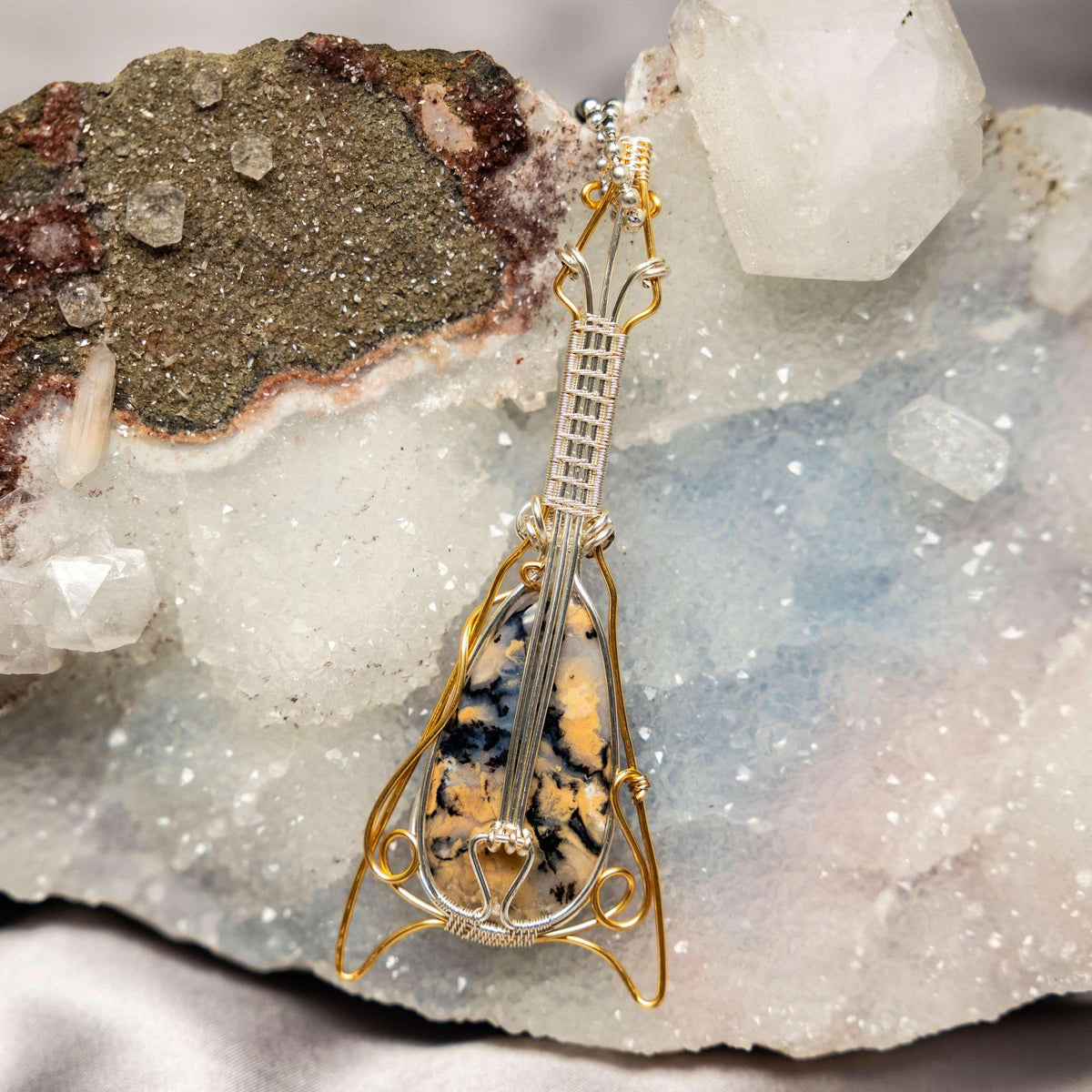 Dendritic Agate Guitar Wire Wrap Pendant 4 Inch