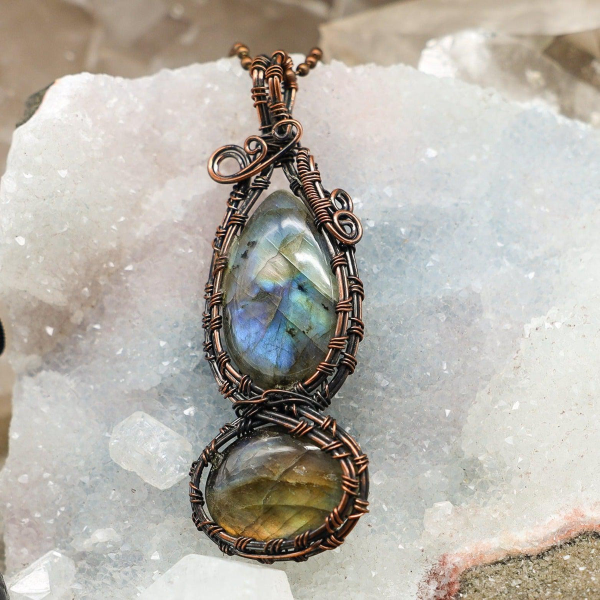 Dual Labradorite Copper Wire Wrap Crystal Pendant Stone