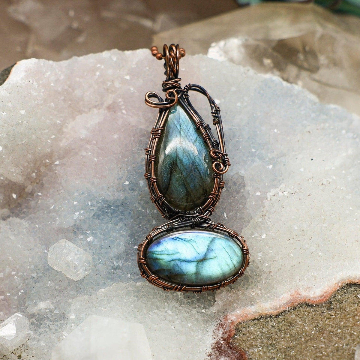 Dual Labradorite Crystal Copper Wire Wrap Pendant Double
