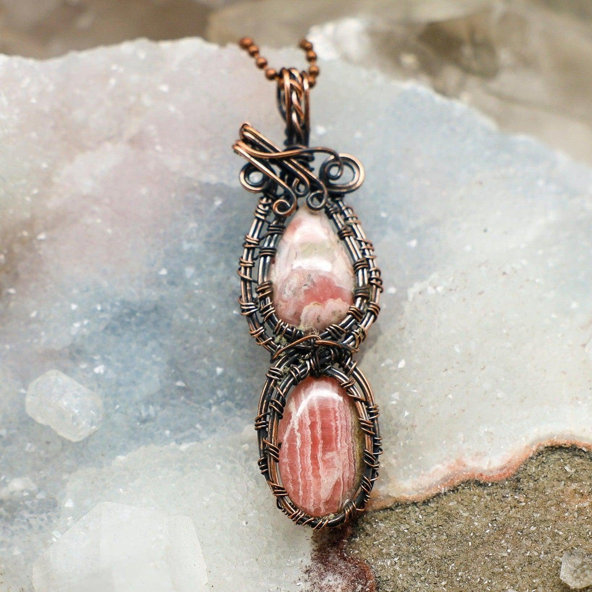 Dual Rhodochrosite Crystal Copper Wire Wrap Pendant 3.25"