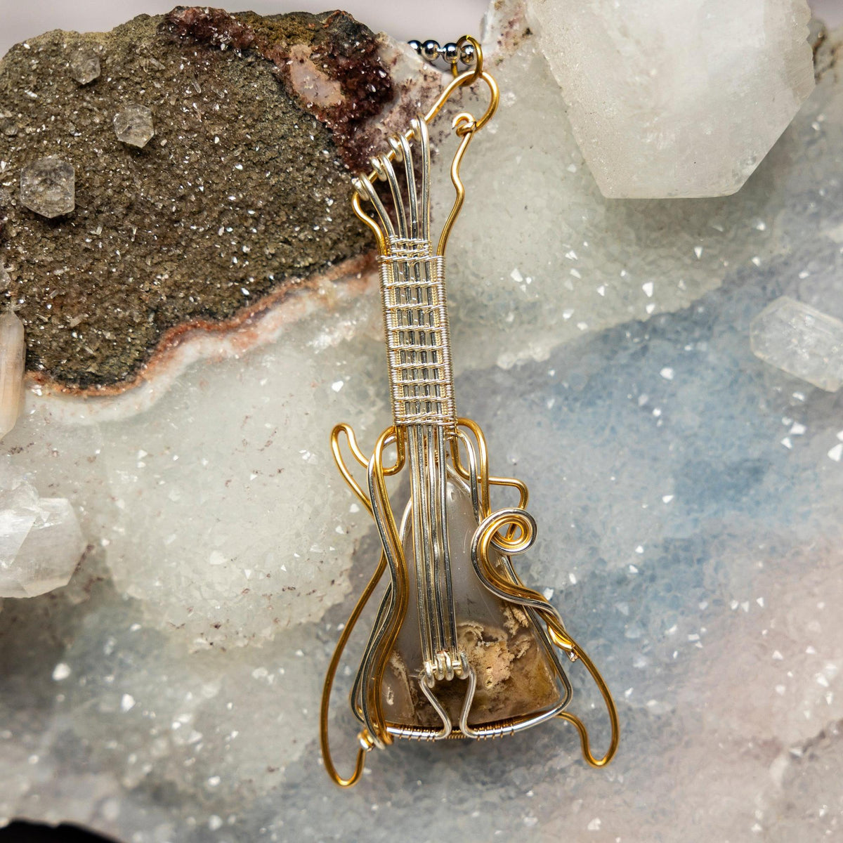 Garden Quartz Crystal Wire Wrap Pendant Copper Guitar