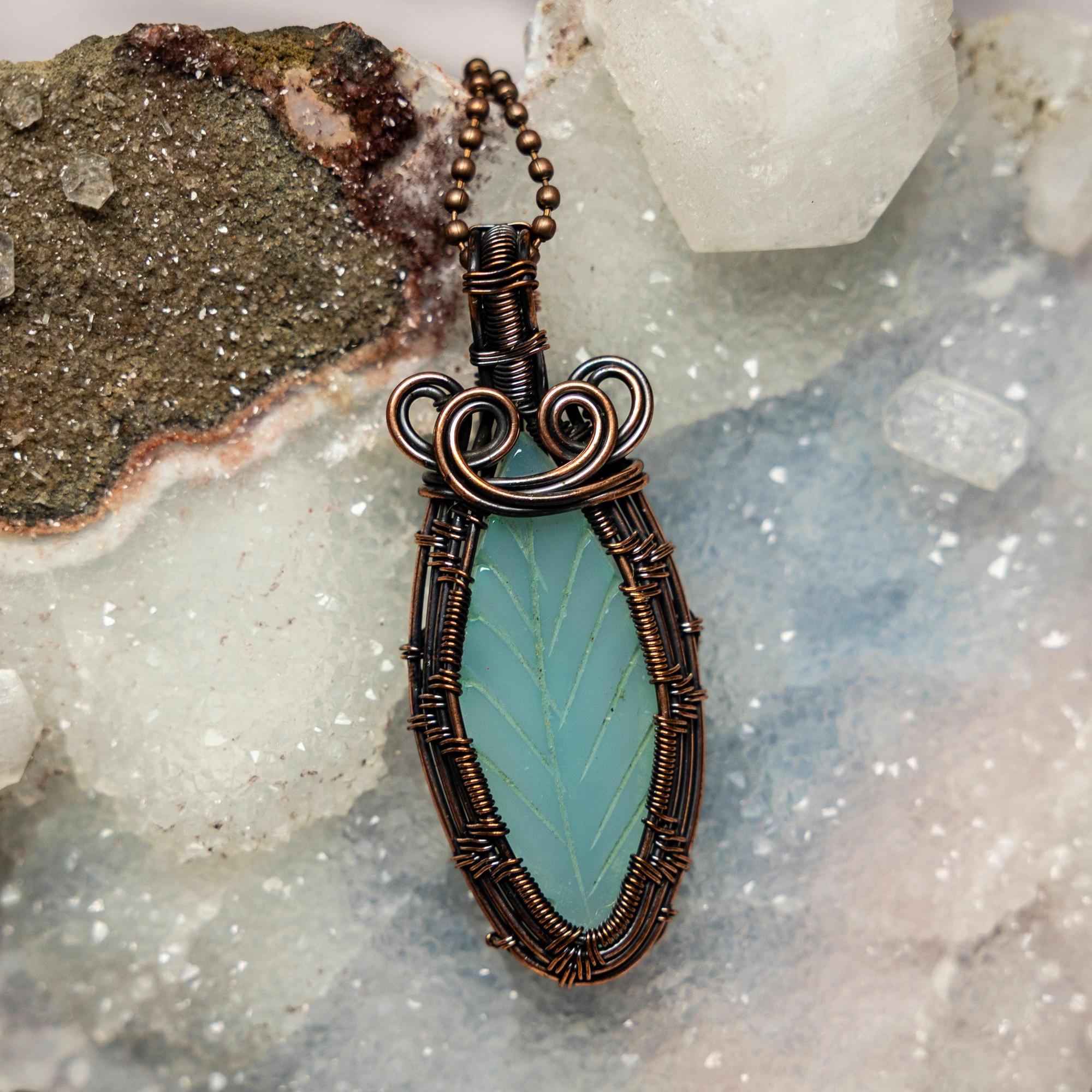 Green Chalcedony Crystal Leaf Wire Wrap Copper Pendant