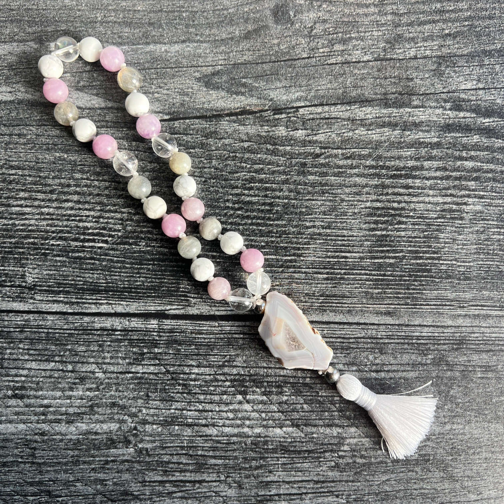 Crown Chakra Meditation Mala – 27 Beads of Clear Quartz & Labradorite