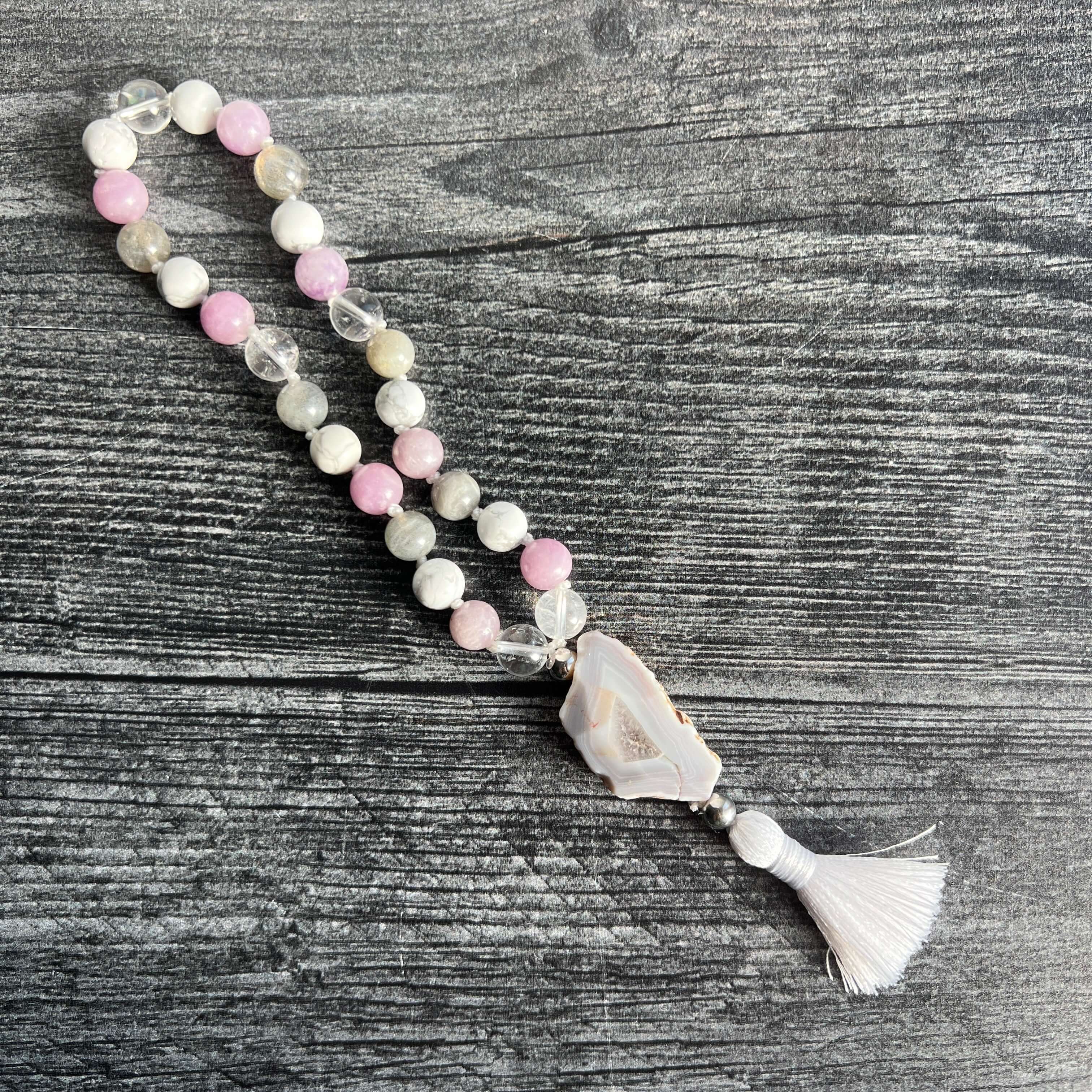 Crown Chakra Meditation Mala – 27 Beads of Clear Quartz & Labradorite