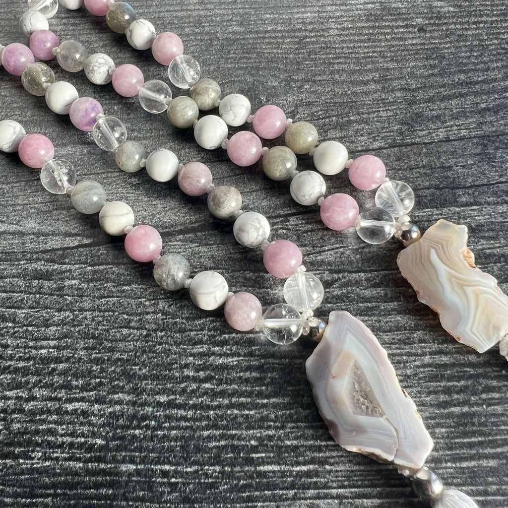 Crown Chakra Meditation Mala – 27 Beads of Clear Quartz & Labradorite