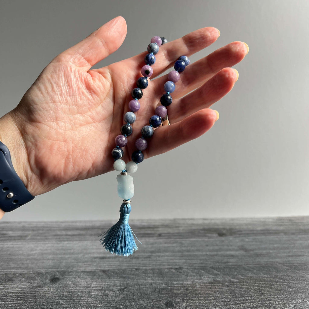 Throat Chakra Meditation Mala – 27 Beads of Aquamarine & Sodalite