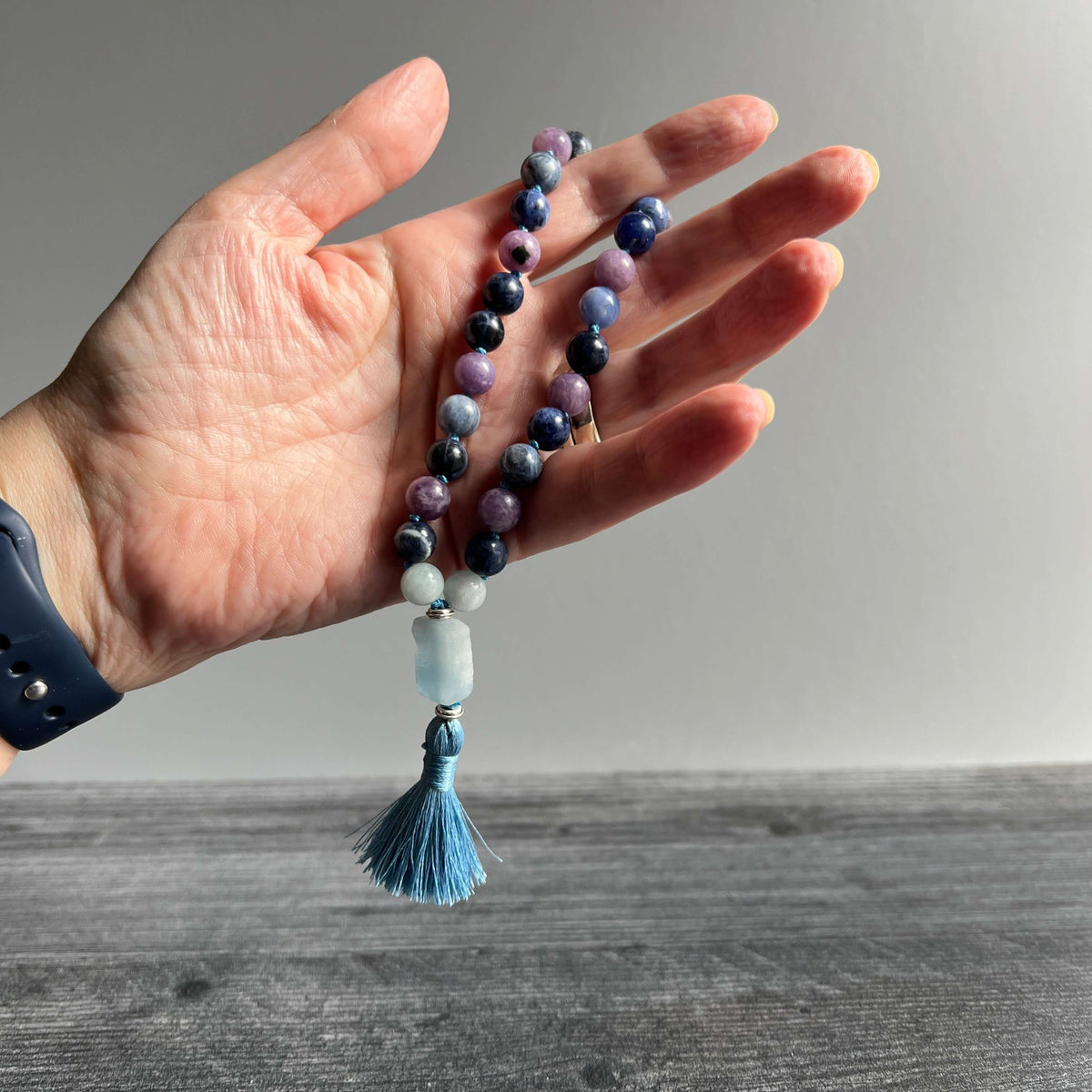 Throat Chakra Meditation Mala – 27 Beads of Aquamarine & Sodalite