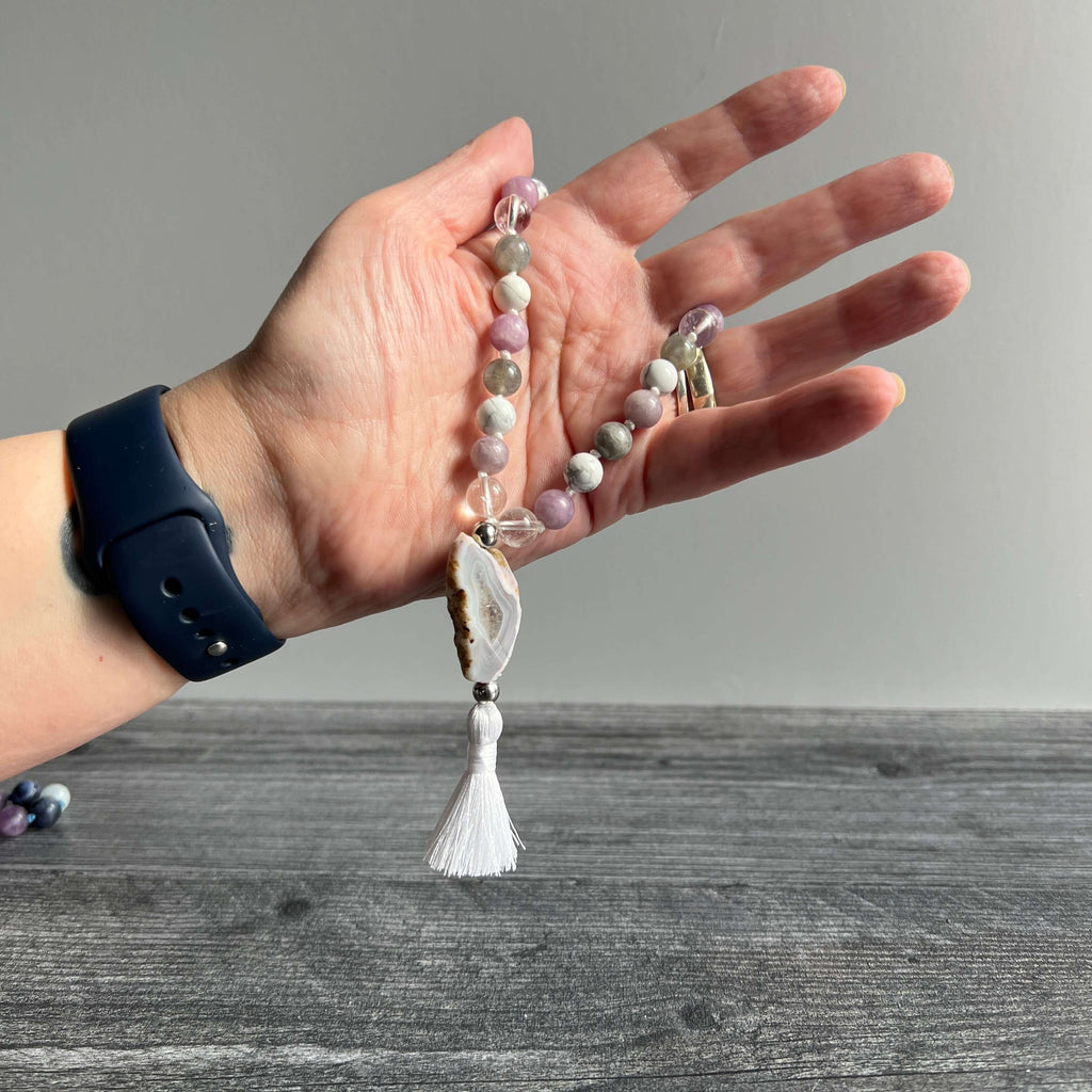 Crown Chakra Meditation Mala – 27 Beads of Clear Quartz & Labradorite