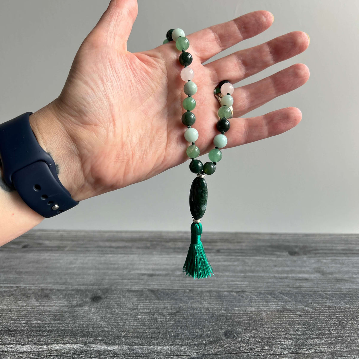 Heart Chakra Meditation Mala – 27 Beads of Rose Quartz & Moss Agate