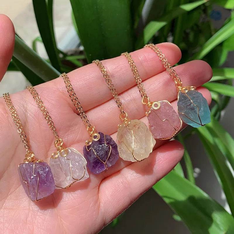 Raw Crystal Wire Wrap Gold Necklaces