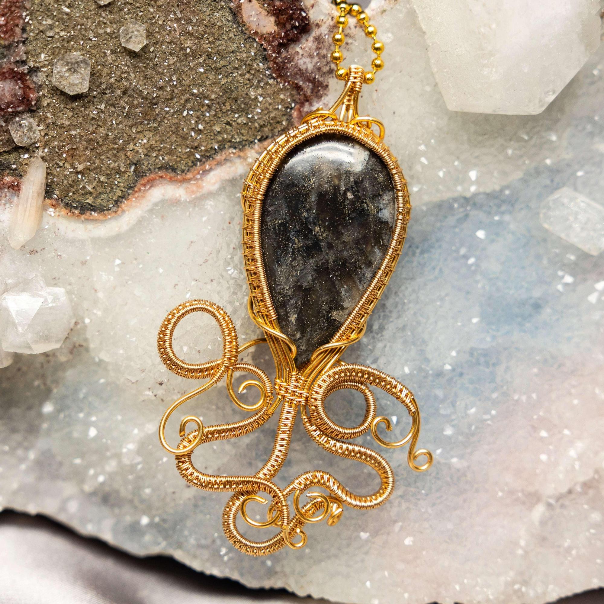 Larvikite Crystal Wire Wrap Pendant Copper Calamari Squid
