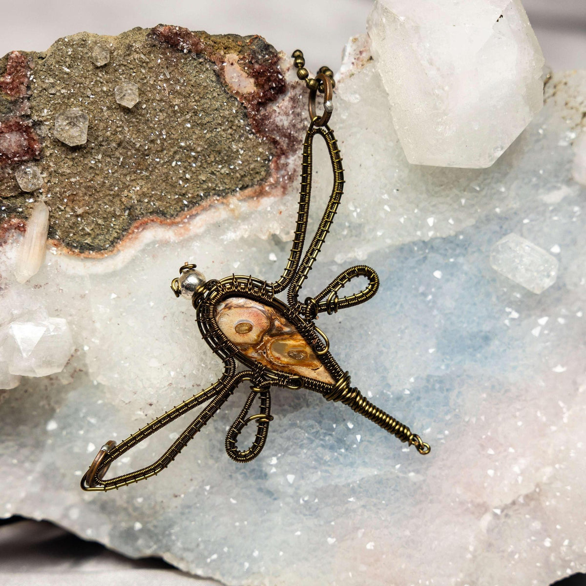 Mexican Agate Copper Wire Wrapped Dragonfly Pendant Necklace
