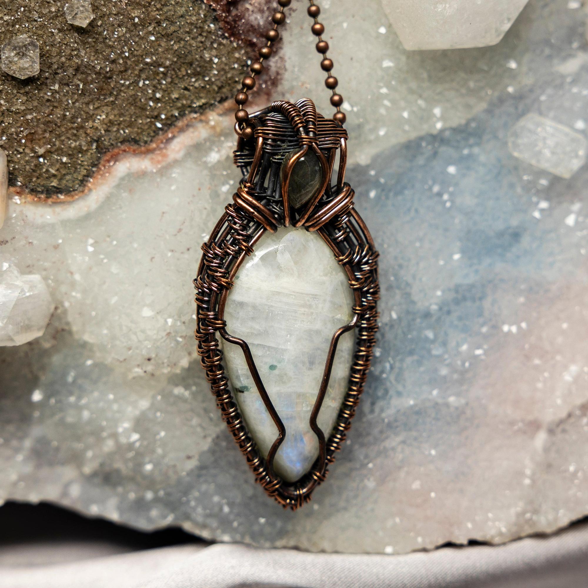 Moonstone Crystal Wire Wrap Pendant Copper Adularescent