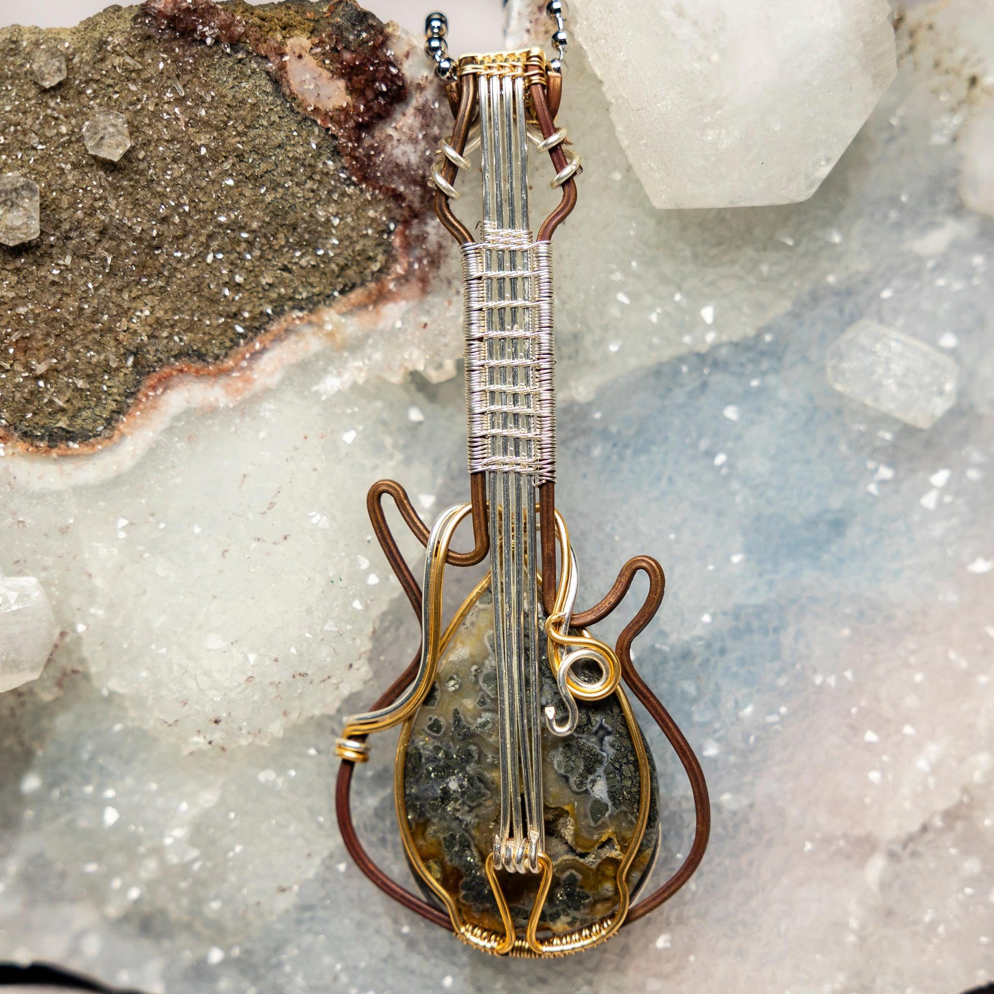 Moss Agate Crystal Wire Wrap Pendant 3.6" Guitar Shape