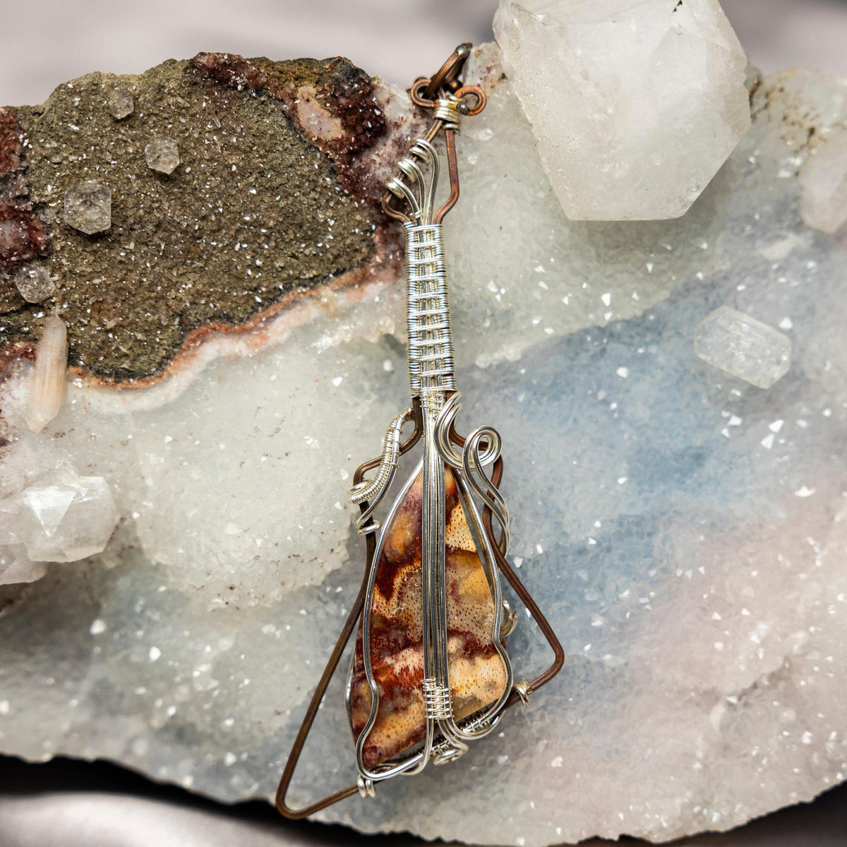 Moss Agate Crystal Wire Wrap Pendant Copper Guitar 4.5"