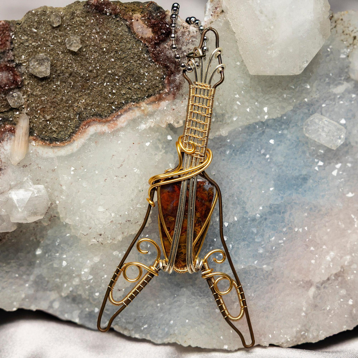Moss Agate Crystal Wire Wrap Pendant Copper Guitar Shape
