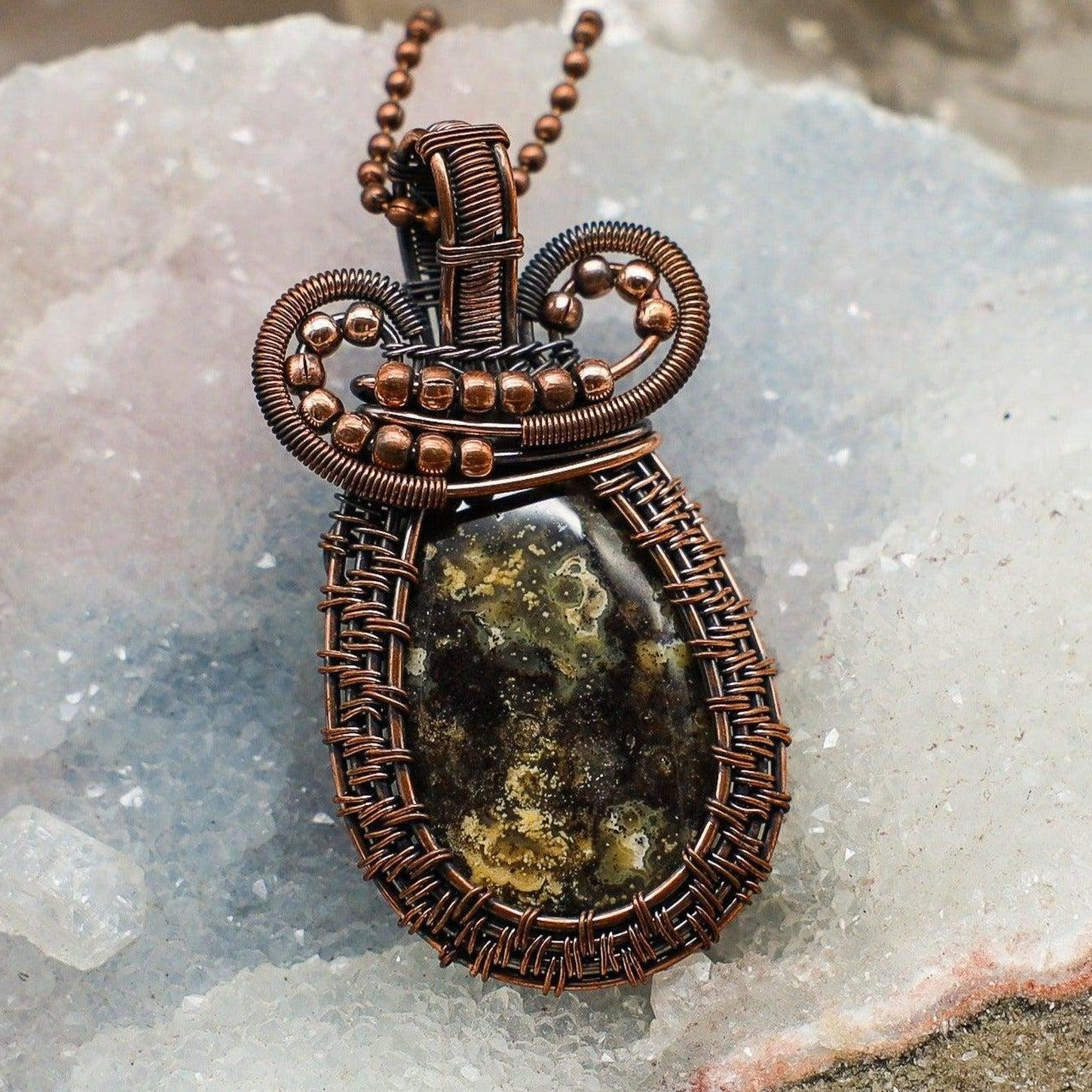 Ocean Jasper Crystal Copper Wire Wrap Pendant Handcrafted