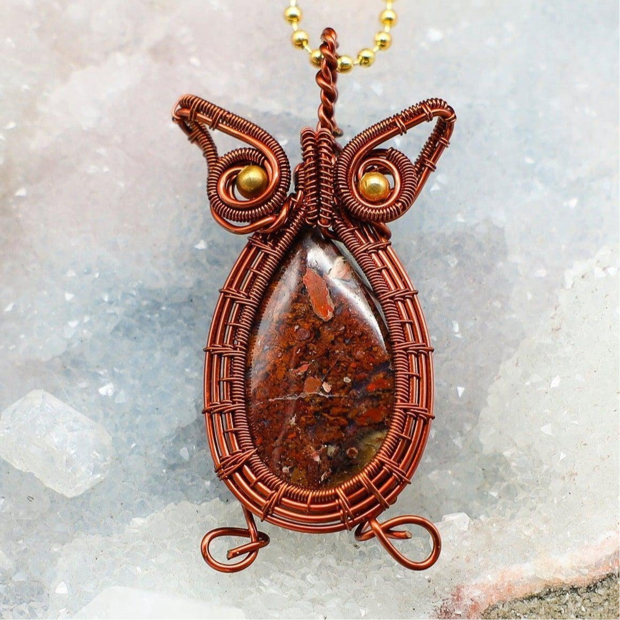 Poppy Jasper Copper Wire Wrapped Owl Pendant Necklace
