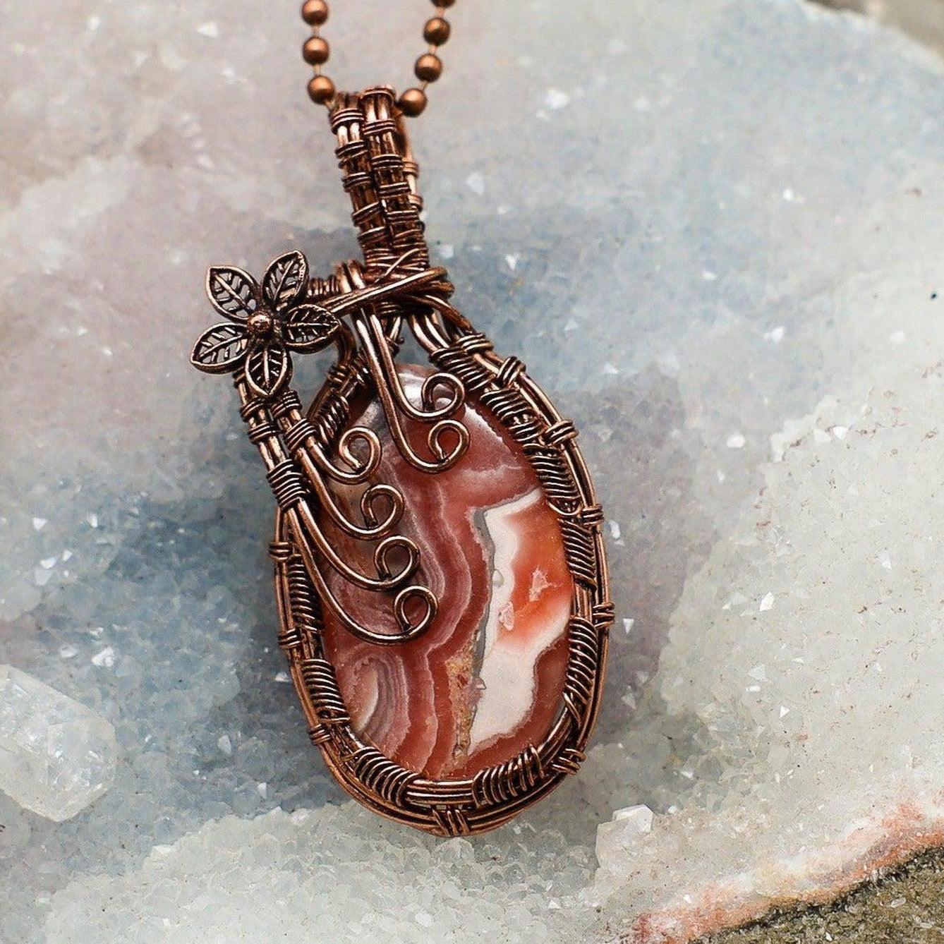 Rhodochrosite Crystal Wire Wrap Pendant Copper Heart