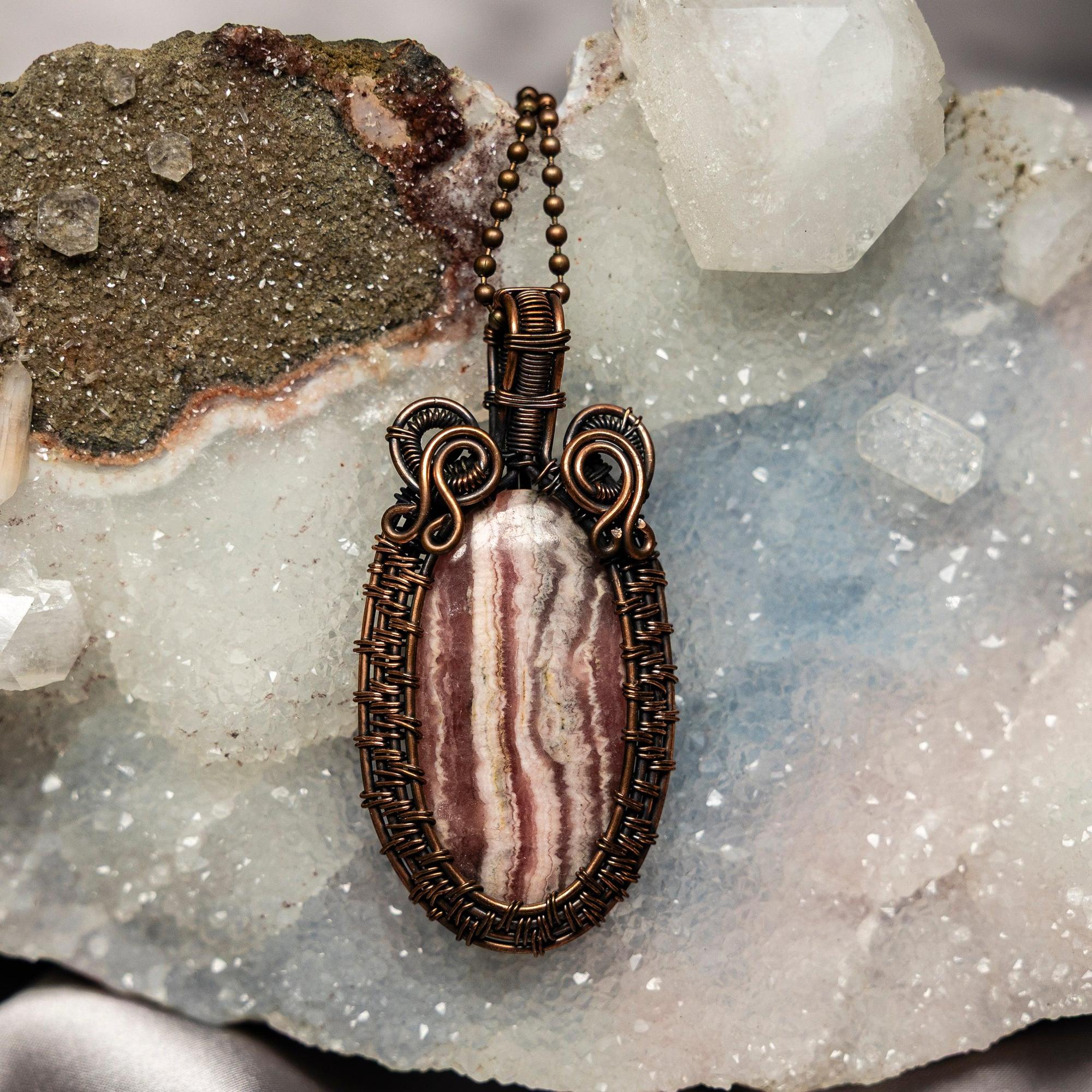 Rhodochrosite Wire Wrap Pendant 2.80 Inch