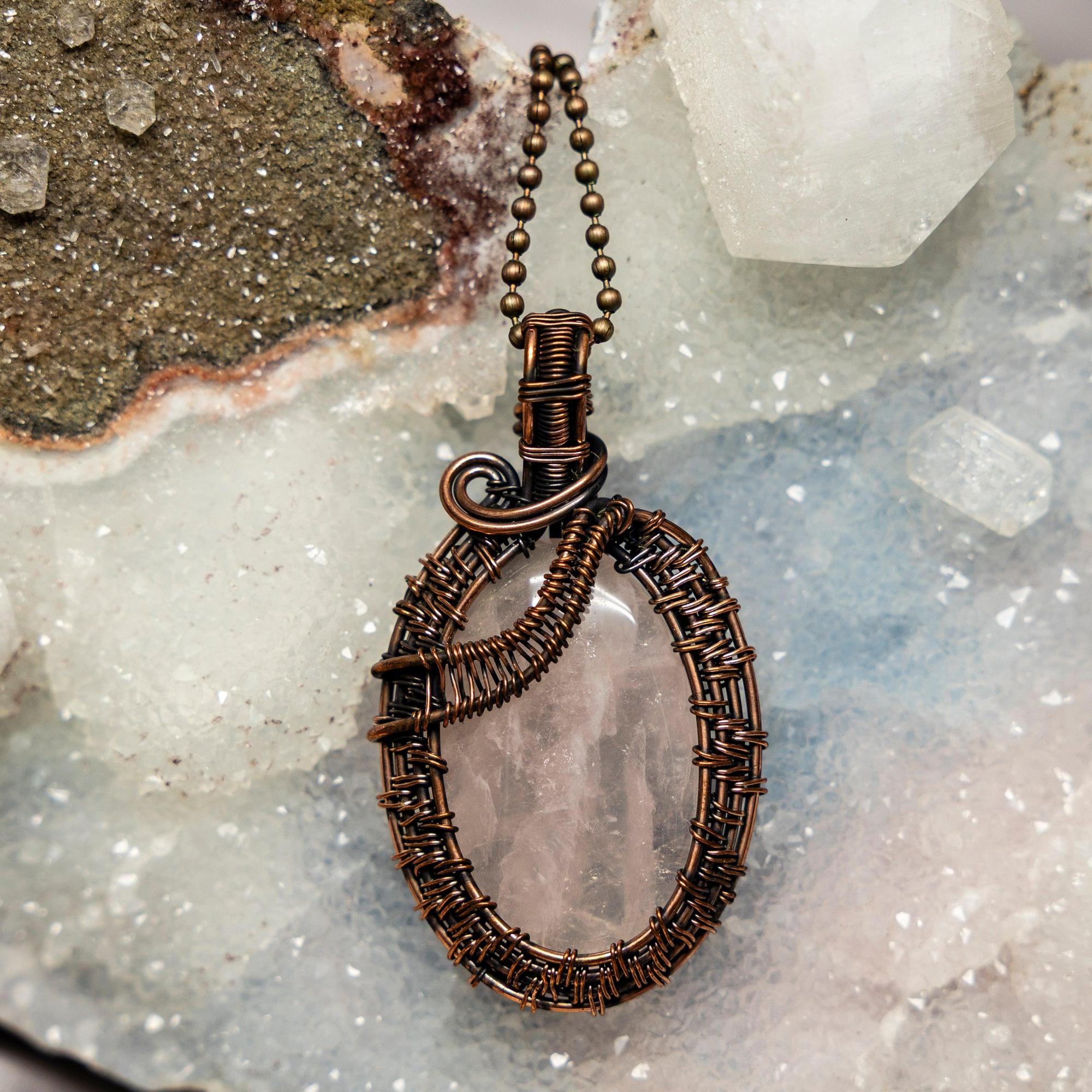 Rose Quartz Crystal Wire Wrapped Pendant 2.5"