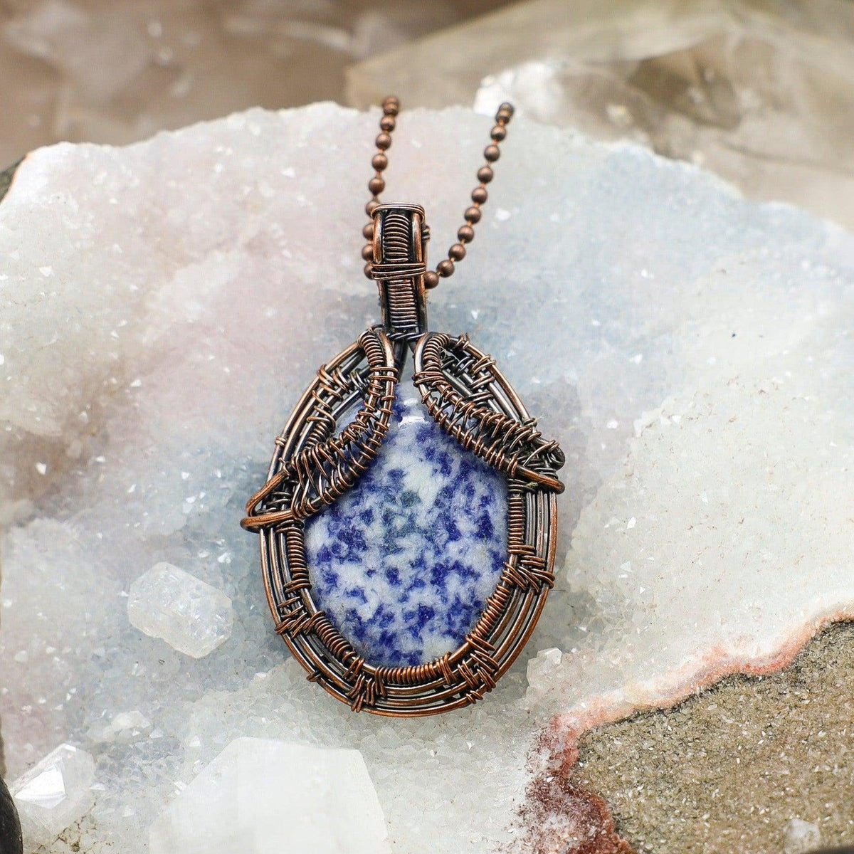 Sodalite Crystal Copper Wire Wrap Pendant Handcrafted