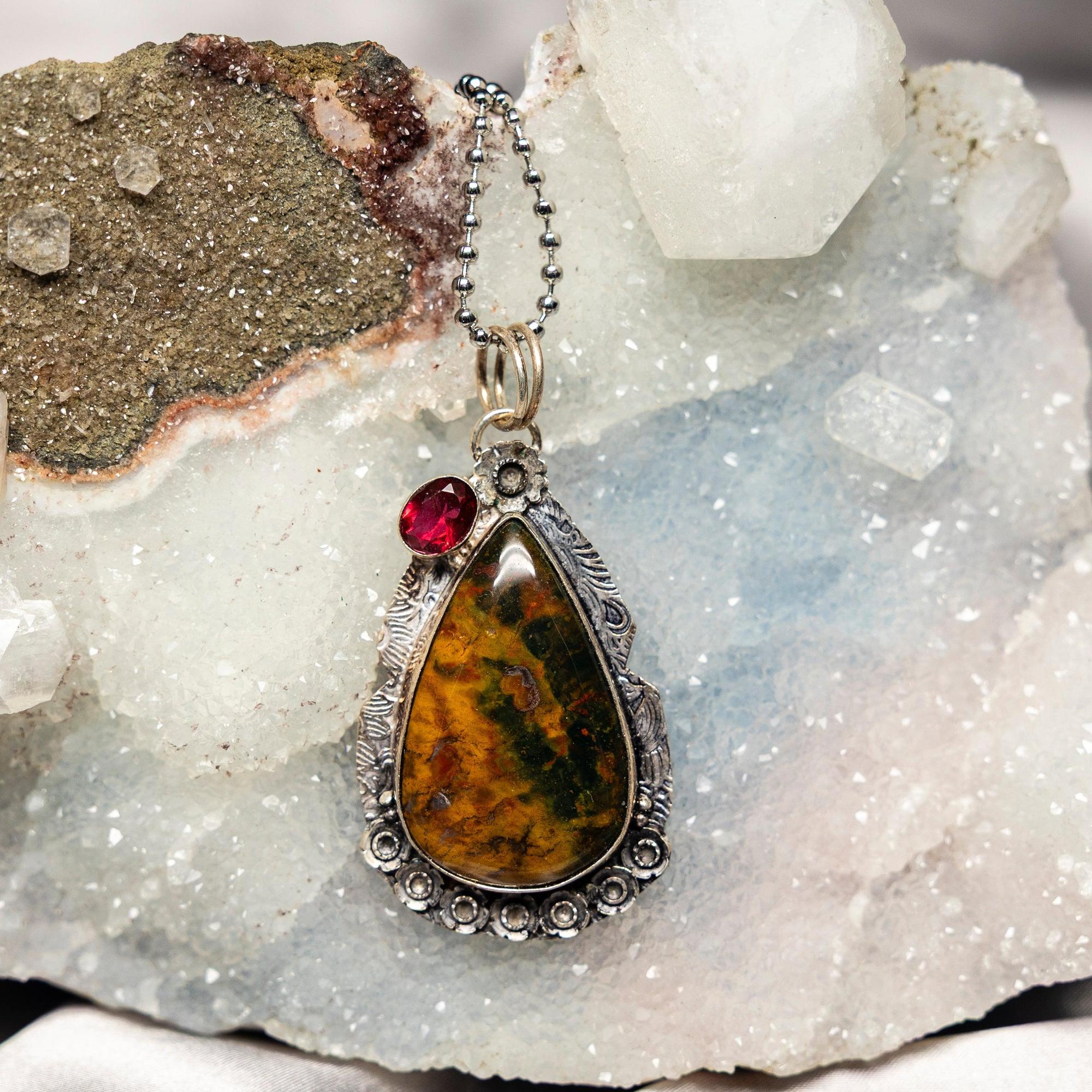 Unakite Crystal 925 Sterling Silver Pendant Necklace